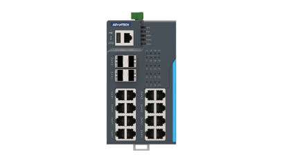 EKI-8720G-4XFI is a DIN rail L3 switch with 16 Gigabit Ethernet ports, 4 SFP+ ports, IXM for quick setup, and X-Ring Pro for 20ms recovery.
